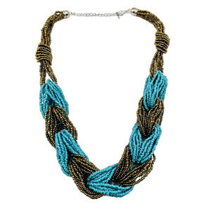 Chunky Thick Braided Seed Bead Collar Choker Necklace Turquoise Blue Brown 24 in